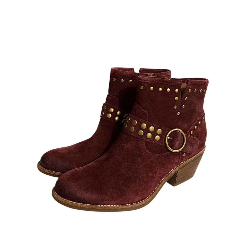 NWOT Sofft Burgundy Suede Studded Western Ankle Boots Buckle Harness 7.5M